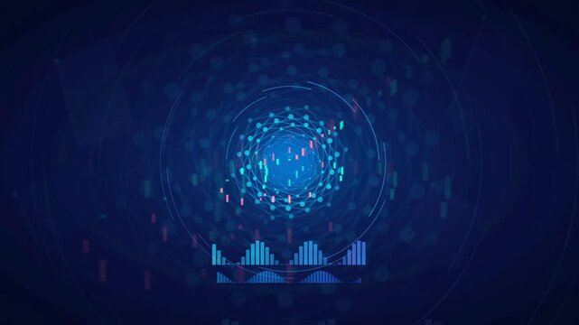 Abstract Digital Data Visualization with Glowing Blue HUD Interface and Financial Market Chart Elements