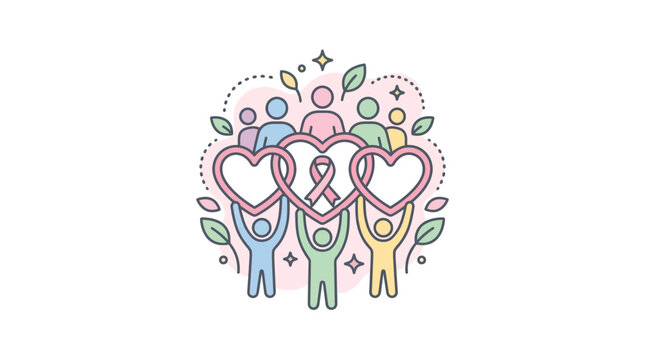 A group of people holding hearts together in a flat illustration