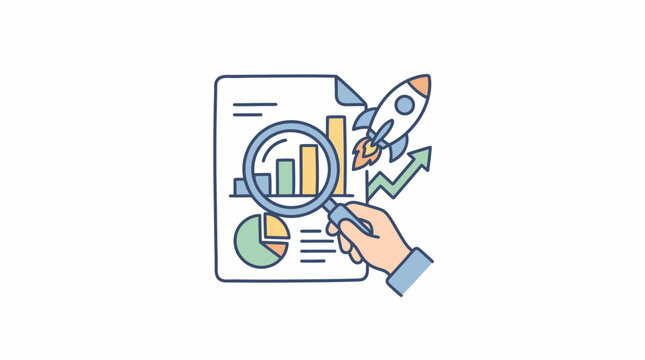 A hand holds a magnifying glass over a business growth chart