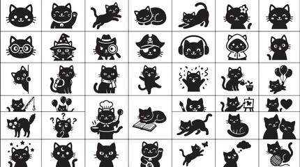Kawaii black cat icon set, 42 cute kitten character stickers, minimalist feline emoji collection in flat vector style for web and print © SetuRani