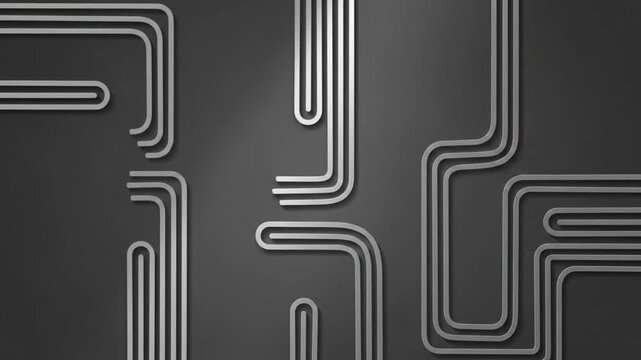 Metallic silver lines moving across dark gray background in high-tech digital circuit board animation.