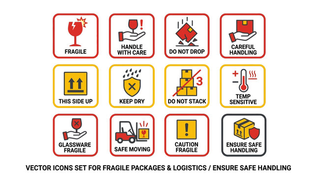 Fragile Package Handling Icons Set Vector Illustration With Red Backgrounds