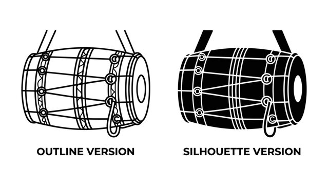 Dholak Drum Outline and Silhouette: Two representations of a Dholak drum, one in outline and the other in silhouette, showcasing its traditional design and construction.
