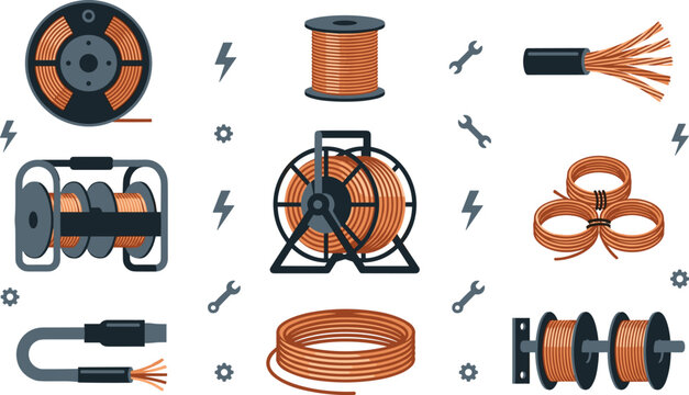 Electrical wire and cable collection featuring copper coils, extension reels, power cords, wiring supplies, electrical components, and industrial vector illustration set