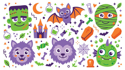 Naklejka premium Cute Halloween Monsters and Spooky Icons Vector Illustration Set