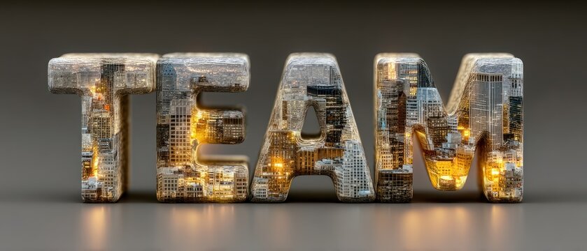 A 3D rendered word "TEAM" in industrial textures with interior golden lights, on a reflective surface