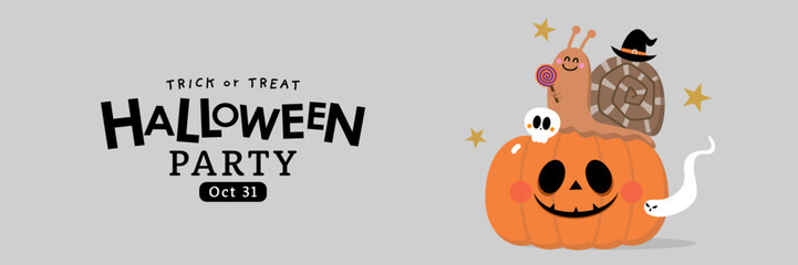 Happy halloween invitation card with cute snail in party costumes, witch hat and spooky pumpkin. Animals holidays cartoon character. -Vector  © Dusida