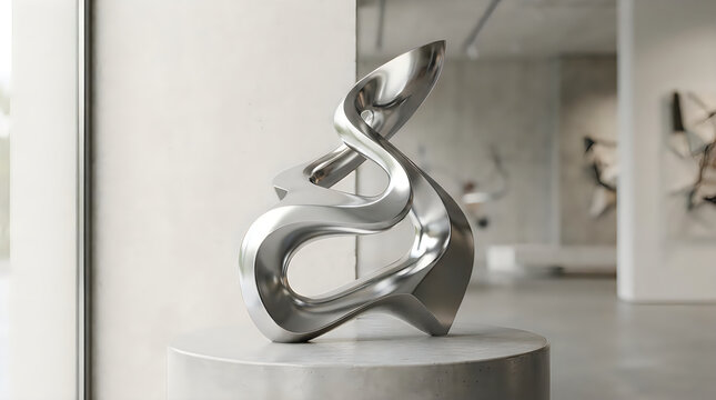 Modern shiny metal sculpture of abstract swirls on a pedestal indoors