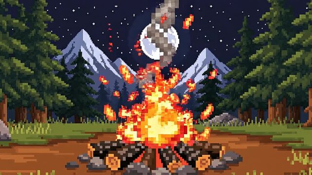 Pixel art campfire scene with mountains pine trees full moon and starry night sky