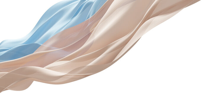 Summer banner concept design of soft blue and beige sheer chiffon fabric flowing in the wind isolated on transparent background 3D render