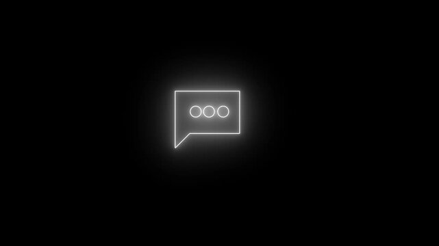 Glowing neon cyan speech bubble icon with three dots inside. Animated message or comment overlay on black background. Bright cyan chat bubble emoticon.