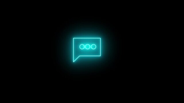 Glowing neon speech bubble icon with three dots inside. Animated message or comment overlay on black background. Bright  chat bubble emoticon.