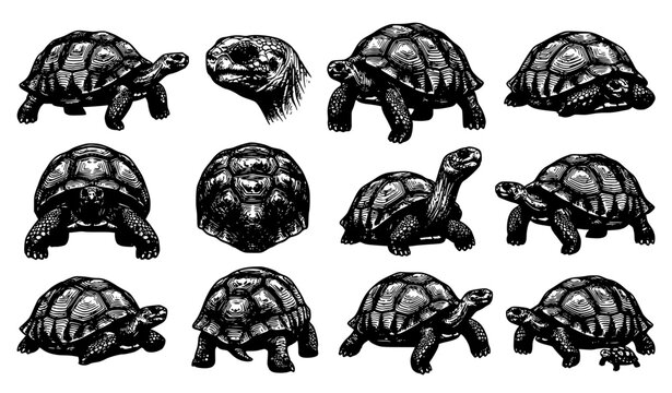 Detailed Turtle and Tortoise Vector Illustration Bundle Featuring Engraving Style Reptile Poses Shell Textures and Wildlife Graphics for Creative Designs