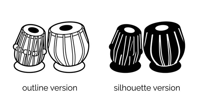 Tabla Outline and Silhouette: A graphic illustration showcases the tabla drum set in two distinct styles: a clean outline version and a solid silhouette version, representing versatility in design.