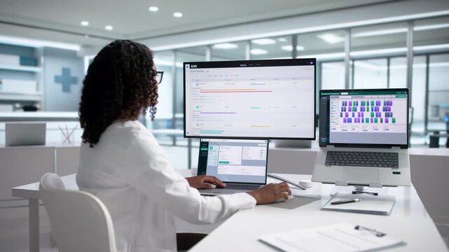 Nurse Reviews Electronic Health Records On Laptop