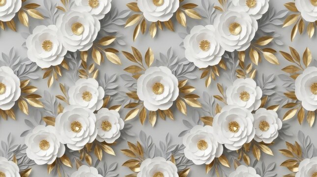 3D render abstract floral wallpaper background white paper flowers with golden leaves and gray foliage seamless pattern