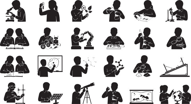 Set of black and white silhouette depicting children engaged in various stem education, science experiments, and research activities