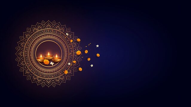 Elegant diwali background featuring a glowing golden mandala pattern and traditional oil lamps on a dark blue backdrop