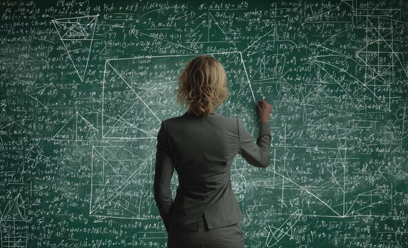 Woman Writing Complex Math Formulas on Chalkboard Symbolizing Problem Solving