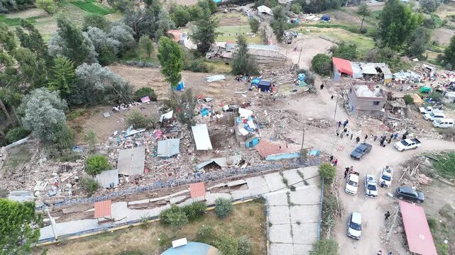 4K Aerial Drone: Destroyed adobe house after an earthquake in Pumpunya, Chongos Alto, Huancayo. Structural collapse in rural Andes, Peru.