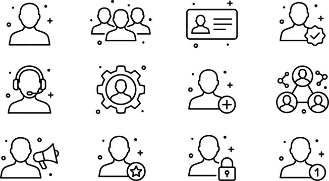 User management and account profile line icons collection featuring authentication, team, customer support, identity verification, access control, and digital users vector set
