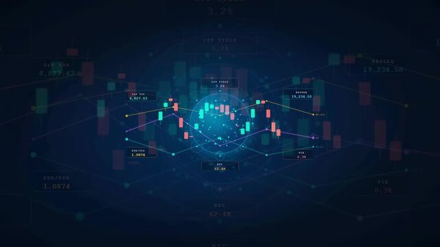 Abstract digital financial data visualization with glowing blue charts and trading candlesticks on dark background