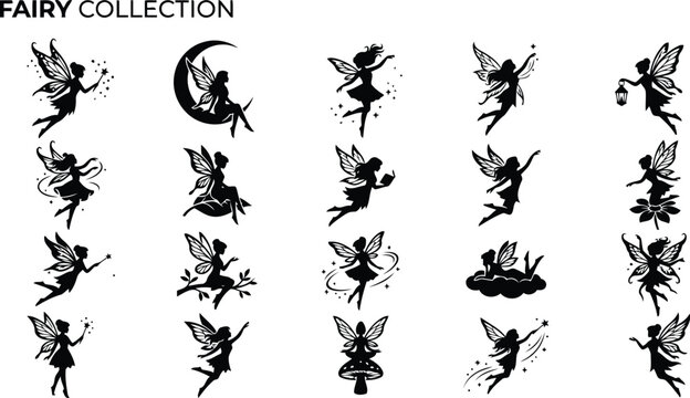 Fairy Silhouettes With Stars And Crescent Moon Black Vector Illustration