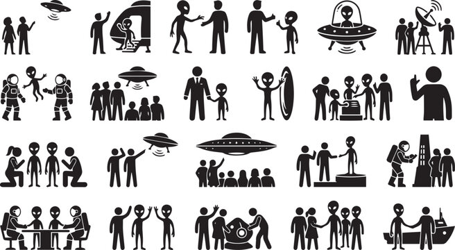 Set of black silhouette depicting human and alien interaction, extraterrestrial contact, flying saucers, and space exploration themes