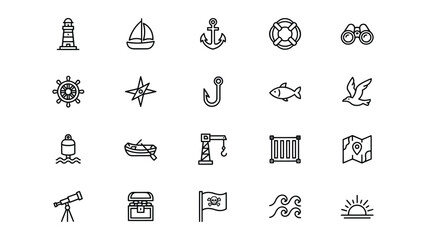 Set of minimalist nautical and travel themed icons with transparent background for various creative projects © Payal