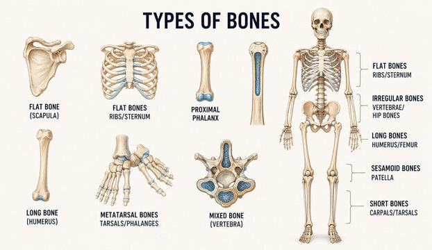 AI generated educational chart showing types of human bones labeled skeletal structures for medical education anatomy biology orthopedic healthcare reference