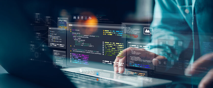 Programmer using a laptop with futuristic virtual code overlays and artificial intelligence graphics for software development.