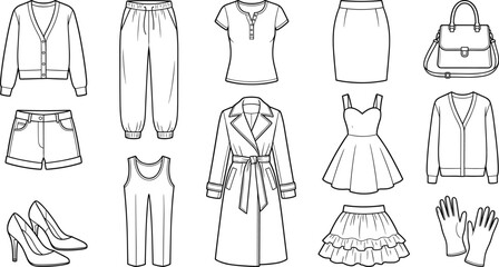 Naklejka premium Women Fashion Clothing Outline Set with Dresses Outerwear Accessories and Apparel Vector Collection