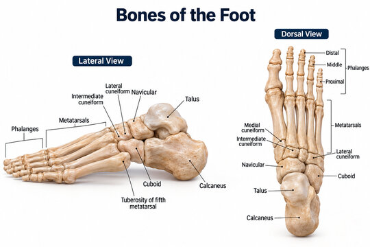 AI generated detailed foot bone anatomy diagram labeled dorsal lateral views for medical education orthopedic healthcare biology clinical reference