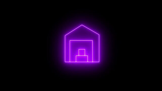 Bright neon icon with a simple house image on a black background. This is an animated home security, home insurance, smart home