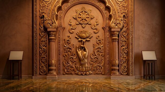 Ornate Golden Buddhist Temple Archway Decoration with Lotus Flower and Dharmachakra Symbol