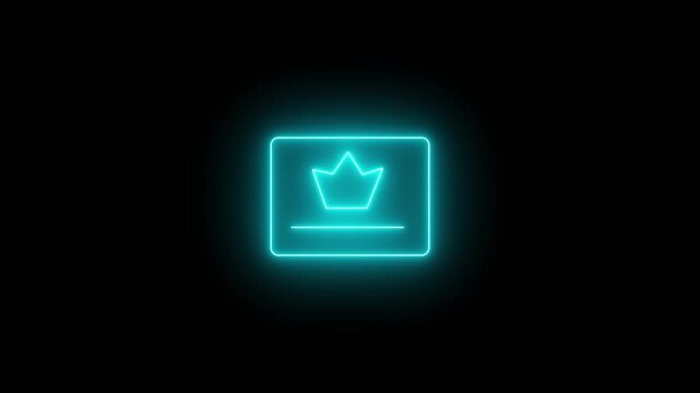 Glowing neon cyan icon of a rectangular award certificate or credential badge displaying a central five-pointed crown emblem over an underline against a black background. 