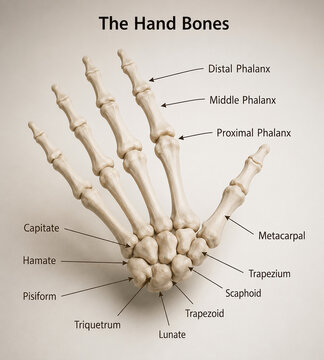 AI generated human hand bones anatomy diagram showing carpals metacarpals phalanges detailed labels for medical education study.
