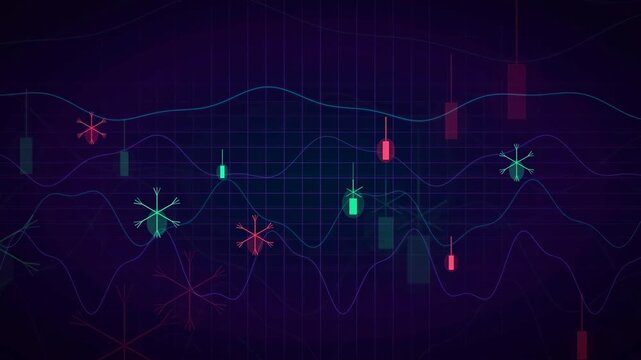 Abstract digital financial stock market chart with glowing candlesticks and fluctuating data lines on dark background
