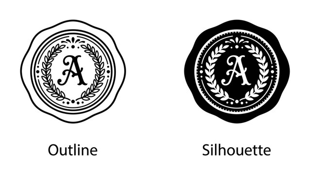 Wax Seal Icon Set: A collection of two elegant wax seal icons, one in outline and the other as a silhouette, both featuring a laurel wreath and the initial 'A' at their center.