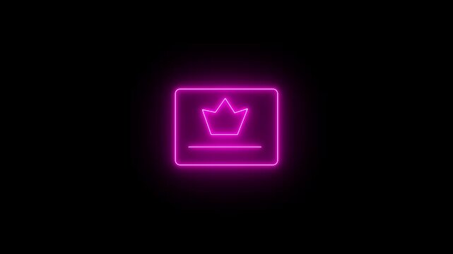Glowing neon magenta icon of a rectangular award certificate or credential badge displaying a central five-pointed crown emblem over an underline against a black background. 
