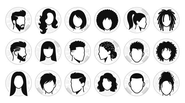 Diverse collection of men and women hairstyle silhouette vector icons in circular frames, illustrating hair salon branding and representing barber shop service menu options