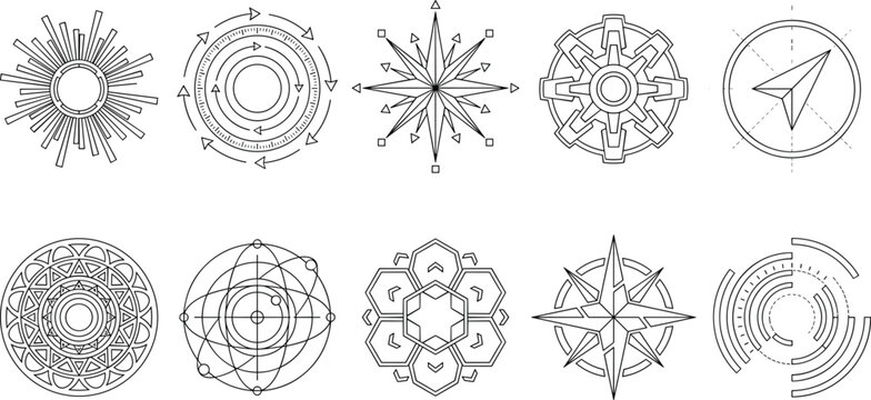 Futuristic geometric HUD icons and modern UI technological line art elements set for graphic design projects