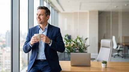 Fototapeta premium Successful businessman holding coffee cup in modern office looking out window for corporate leadership and career growth