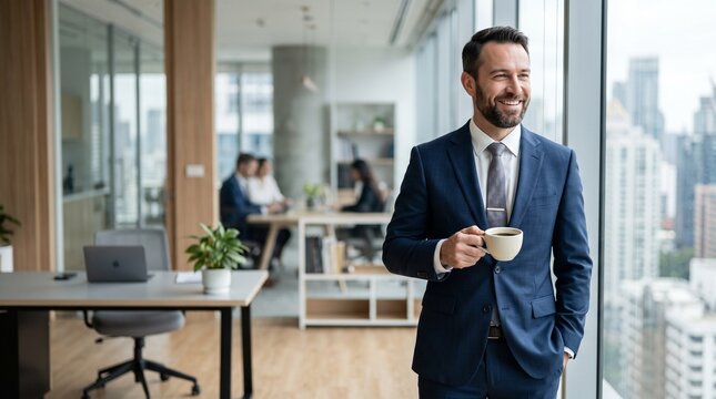 Successful businessman holding coffee cup in modern office looking out window for corporate leadership and career success
