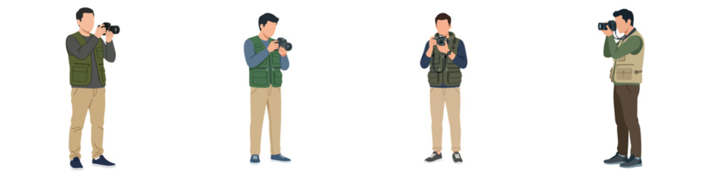 Flat vector illustration of male photographers with dslr cameras in various poses