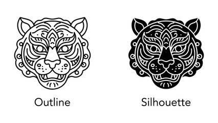 Tiger Head Design: Two striking depictions of a tiger's head, one an intricate outline and the other a bold silhouette, showcase the majestic animal's ferocity and intricate patterns. © Hasib