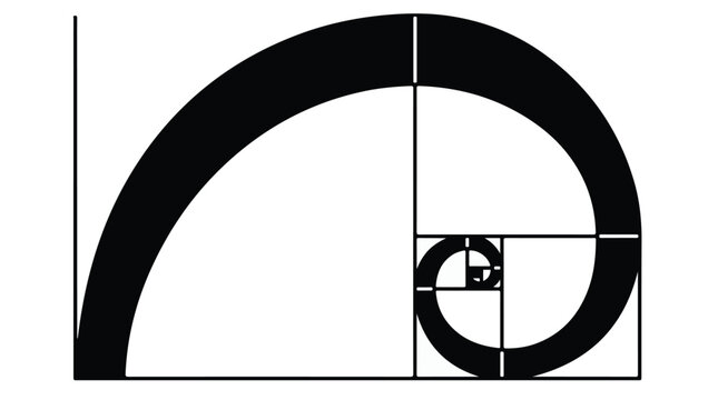 Golden ratio spiral geometric figure. Fibonacci sequence diagram for design and math.