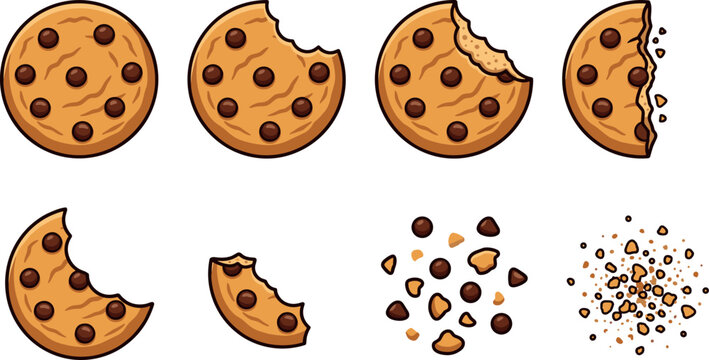 Chocolate Chip Cookie Vector Evolution Set Featuring Whole Bitten Half Broken Pieces Chips and Scattered Crumbs for Bakery and Dessert Branding Graphic Designs