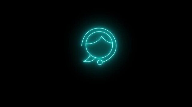 Glowing neon cyan icon of a female customer support agent wearing a headset against a black background. Animated customer service, call center operator, online help desk, or hotline assistance icon.