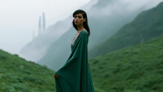 Side profile of woman in emerald green draped dress on foggy hillside for fashion background and cinematic banner design